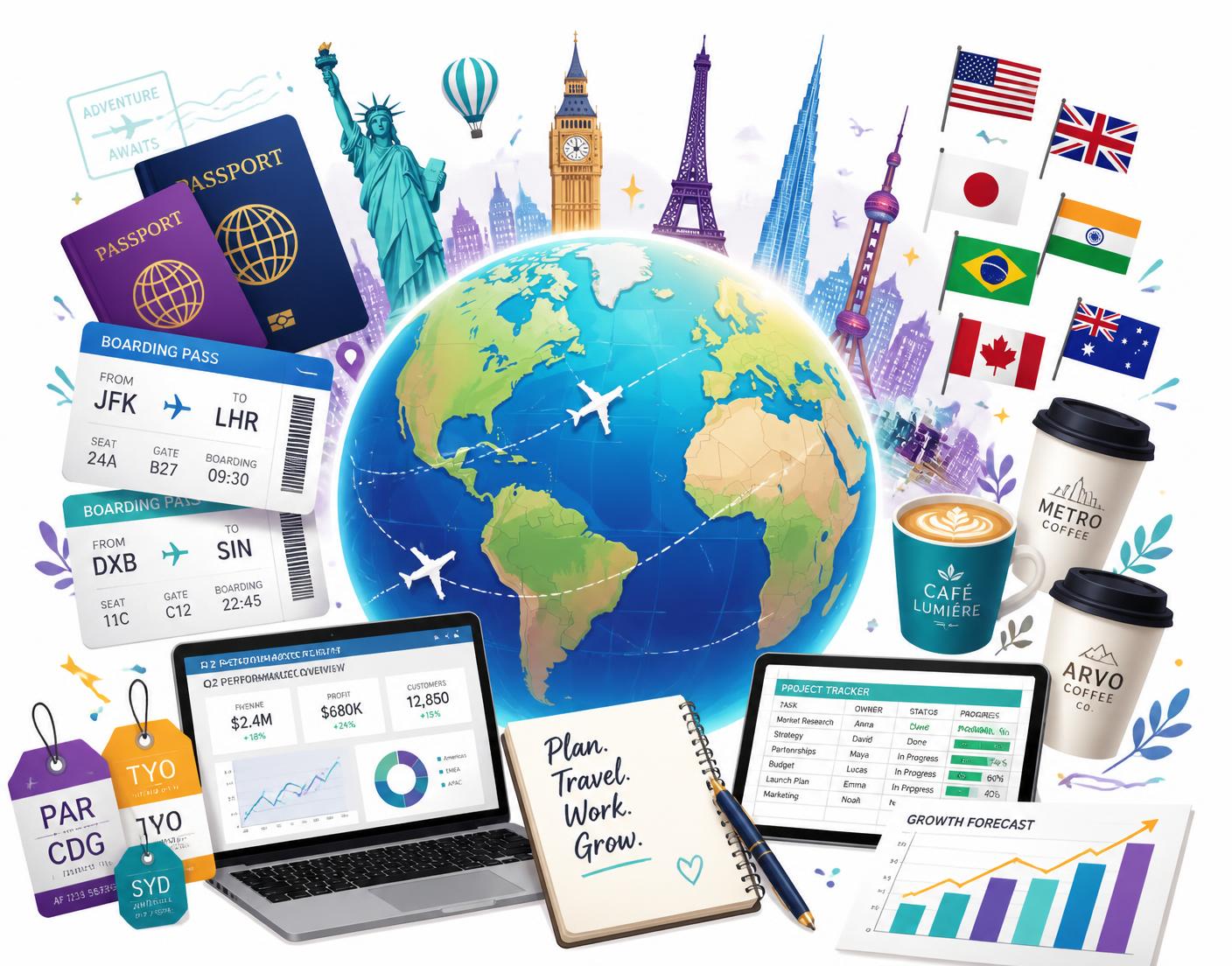 Passports, landmarks and a globe representing work and travel around the world