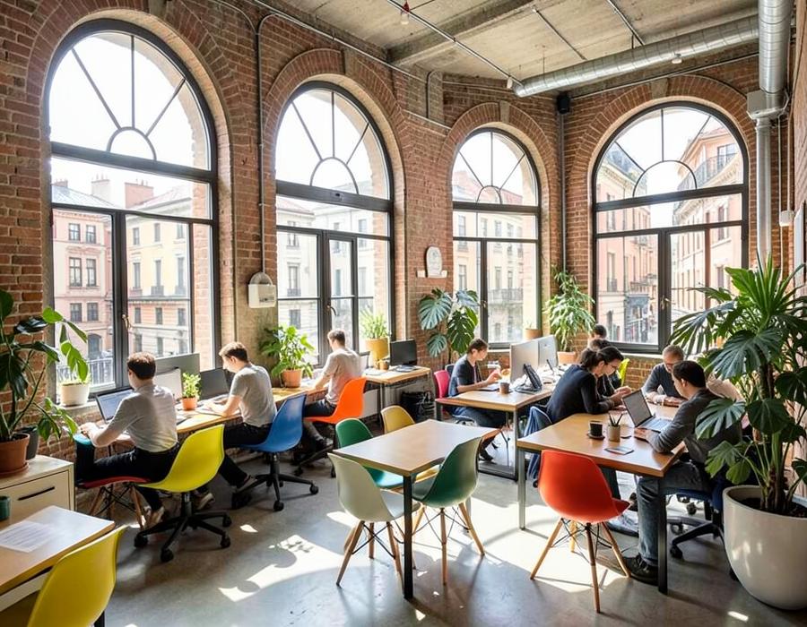 Bright coworking space with desks, plants and natural light in Lisbon