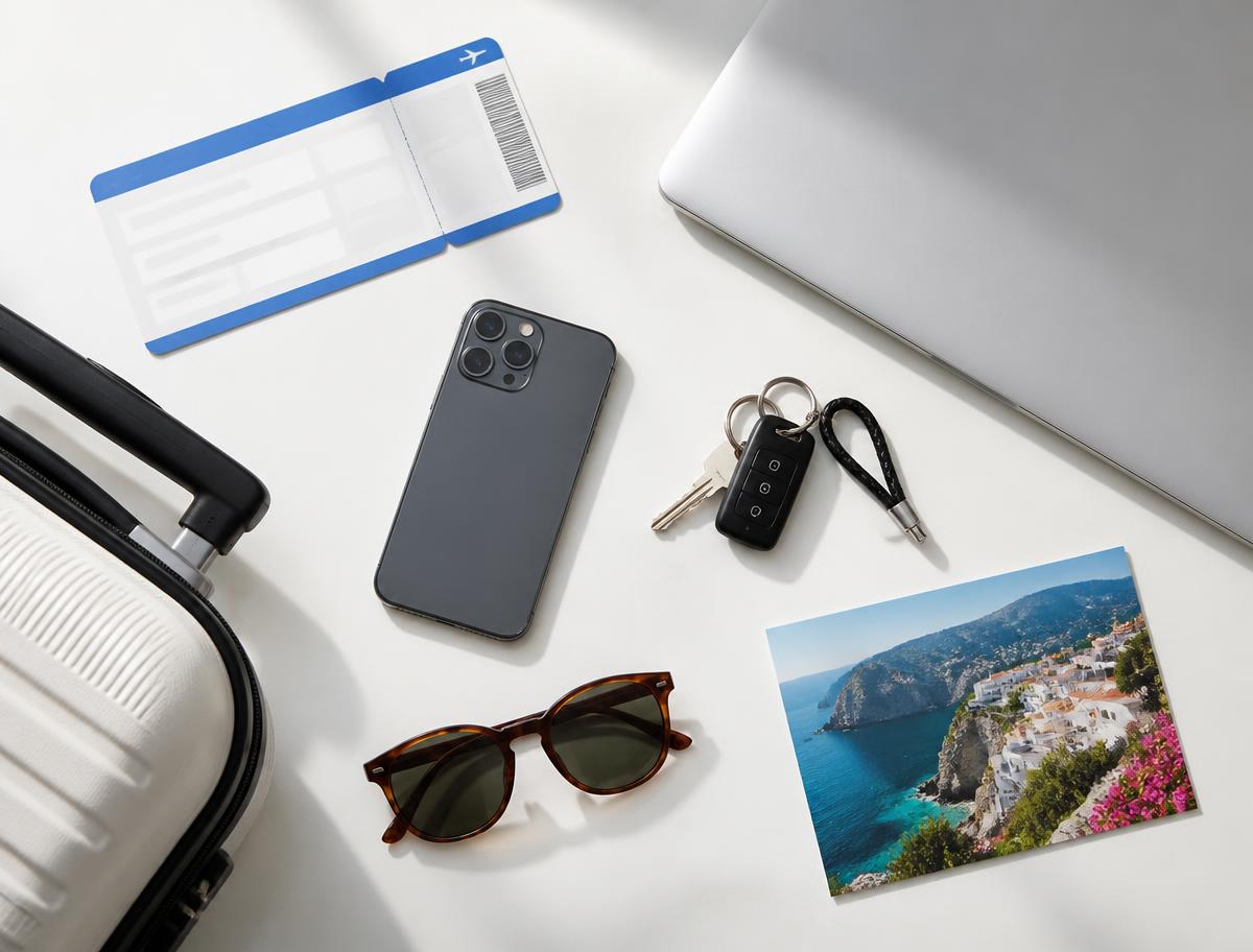 Plane ticket, laptop, phone, keys, suitcase and a postcard of a coastal destination